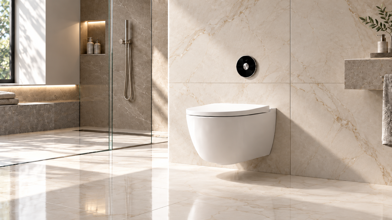 Round black touch-free flush plate above a white wall-hung WC on cream marble tiles, beside a glass walk-in shower