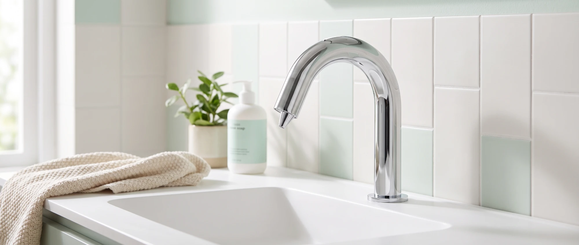 Chrome gooseneck sensor dispenser spout above a white basin against pale green and white tiles