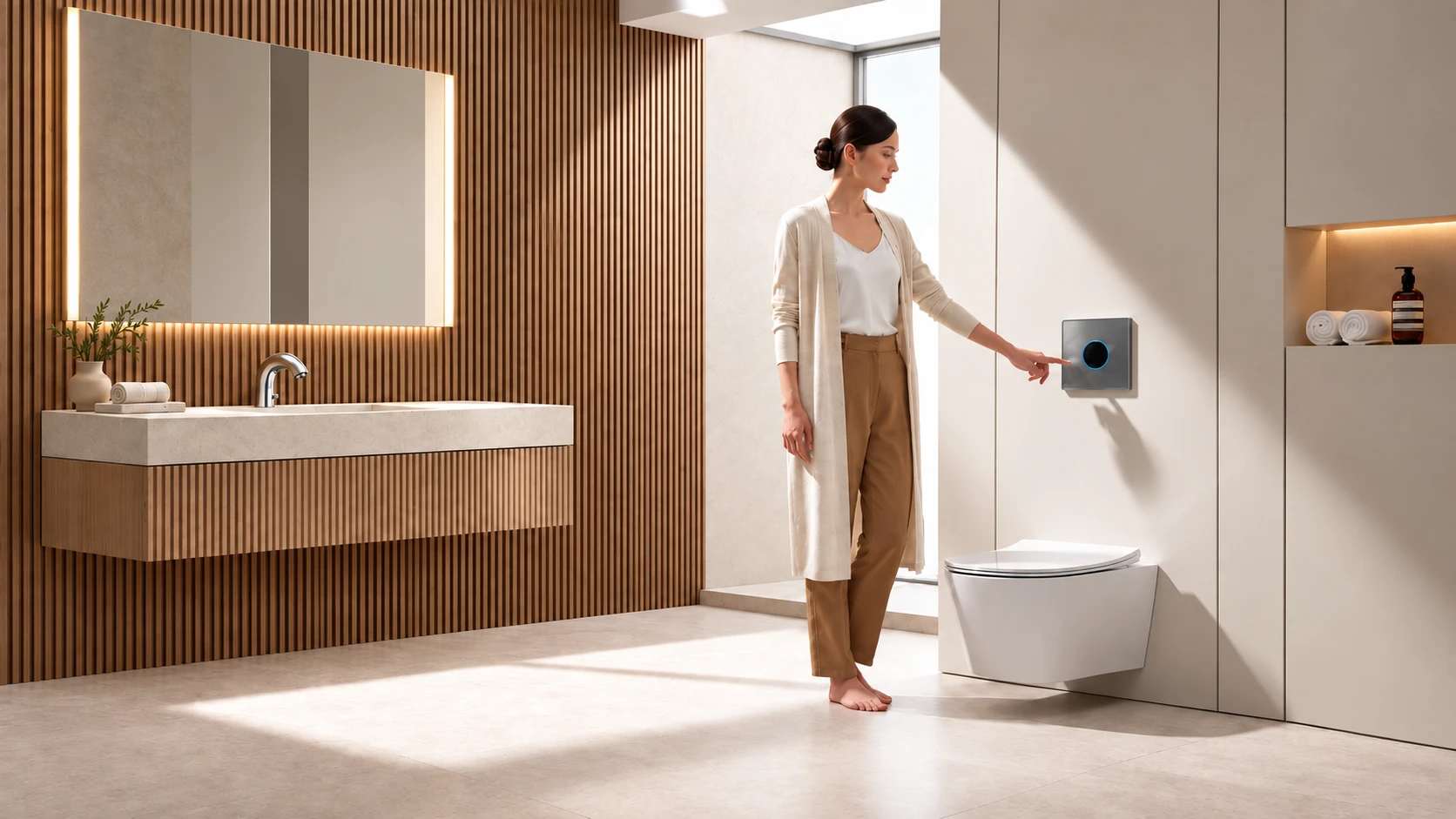 Woman pointing towards a square steel touch-free flush plate with a glowing blue sensor above a wall-hung WC, beside an oak-slatted vanity wall