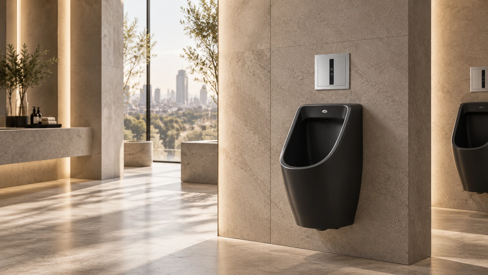 Black wall-hung urinal below a stainless steel sensor flush plate on a stone wall, with a city view beyond